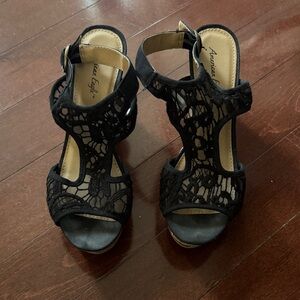 American Eagle Outfitters Black Lace T-Strap Heels with Ankle Buckle